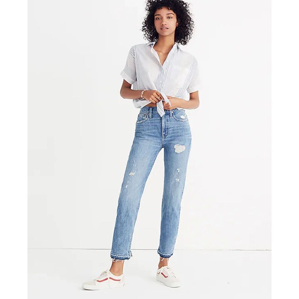 MADEWELL Women's Classic Straight Jeans Distressed High Rise Raw Hem Denim 25